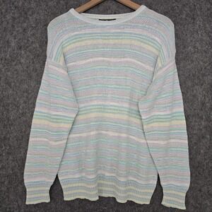 Vtg Hunt Club Sweater Womens L Pastel Stripe Boat Neck Lightweight Cotton Knit
